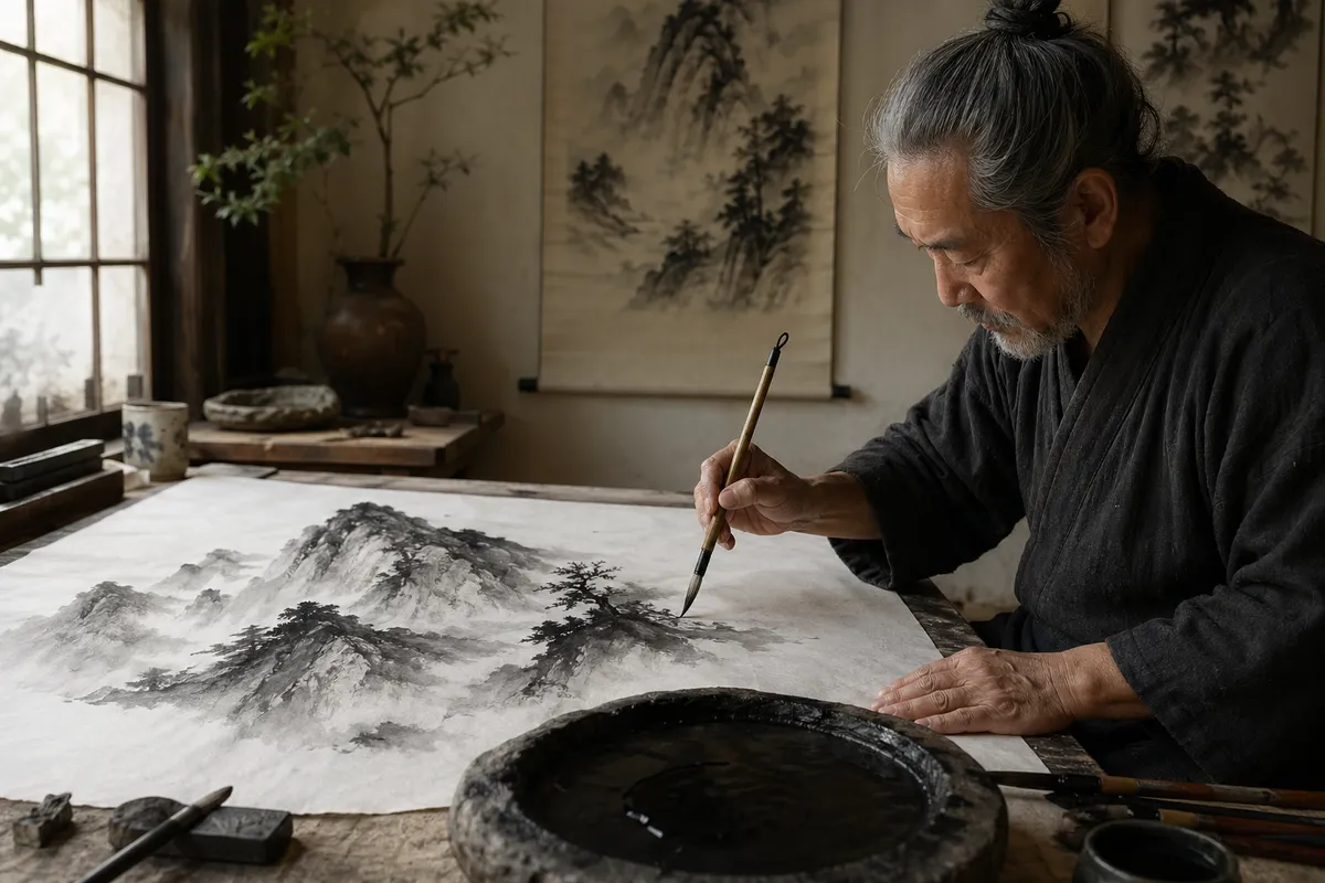 日本の水墨画の製作風景と完成作品を示す3つの異なる角度の画像
