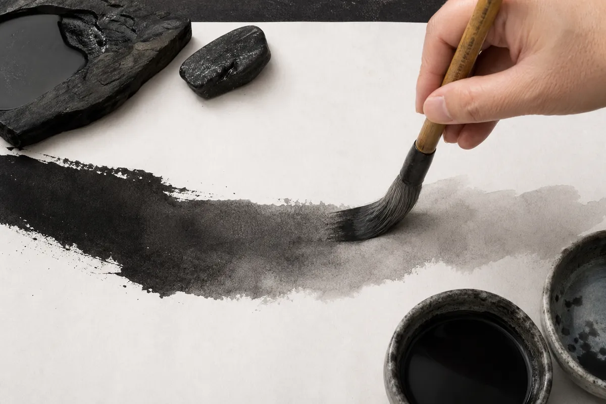 日本の水墨画の製作風景と完成作品を示す3つの異なる角度の画像