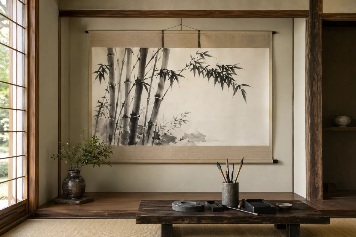 日本の水墨画の製作風景と完成作品を示す3つの異なる角度の画像