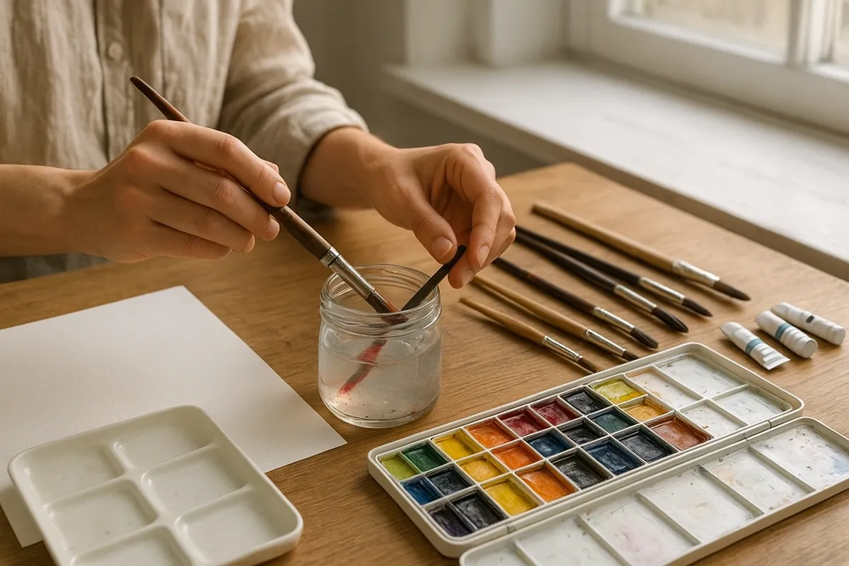 水彩画の基本道具と初心者向けの描画テクニックを示す画像集。