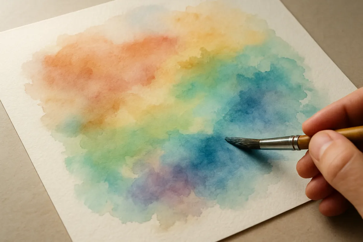 水彩画の基本道具と初心者向けの描画テクニックを示す画像集。