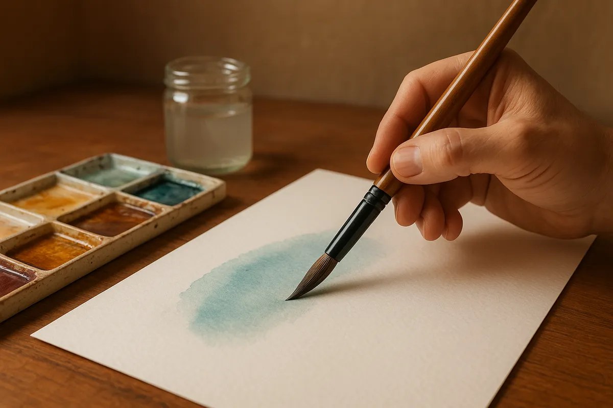 水彩画の基本道具と初心者向けの描画テクニックを示す画像集。