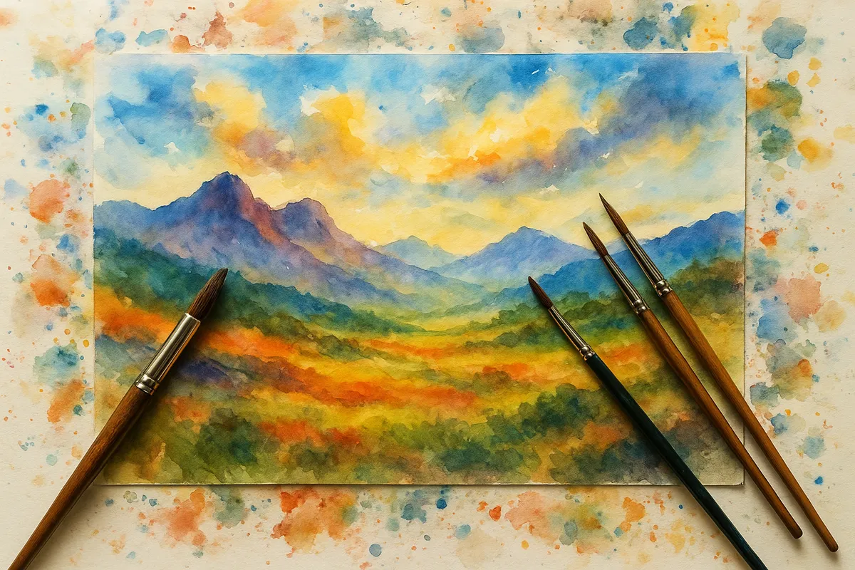 水彩画の基本道具と初心者向けの描画テクニックを示す画像集。