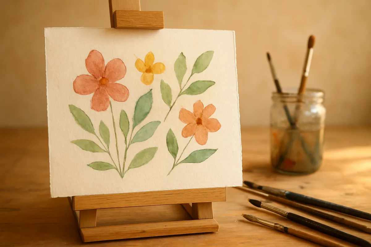 水彩画の基本道具と初心者向けの描画テクニックを示す画像集。