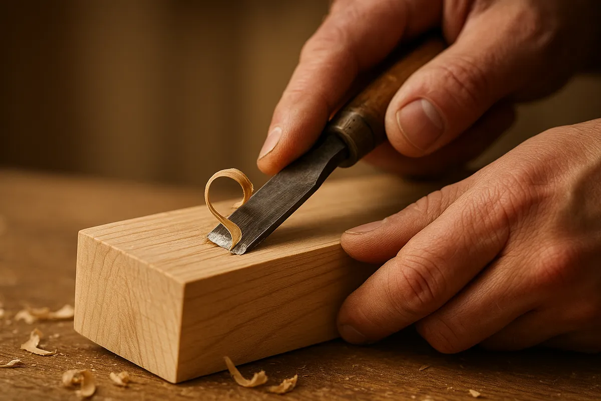日本の伝統的な木彫り技法を示す、職人の手と様々な彫刻道具や完成作品。