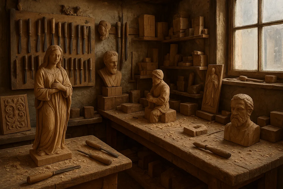 日本の伝統的な木彫り技法を示す、職人の手と様々な彫刻道具や完成作品。