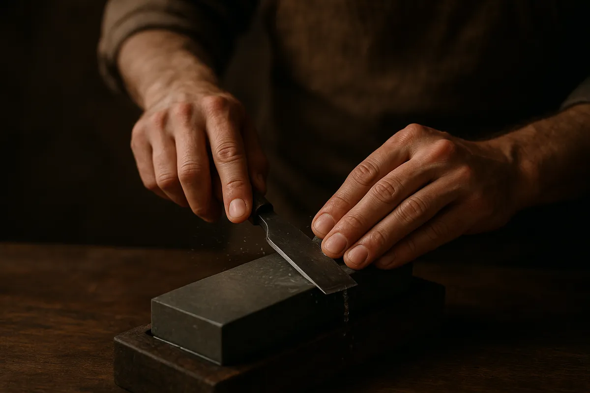 日本の伝統的な木彫り技法を示す、職人の手と様々な彫刻道具や完成作品。