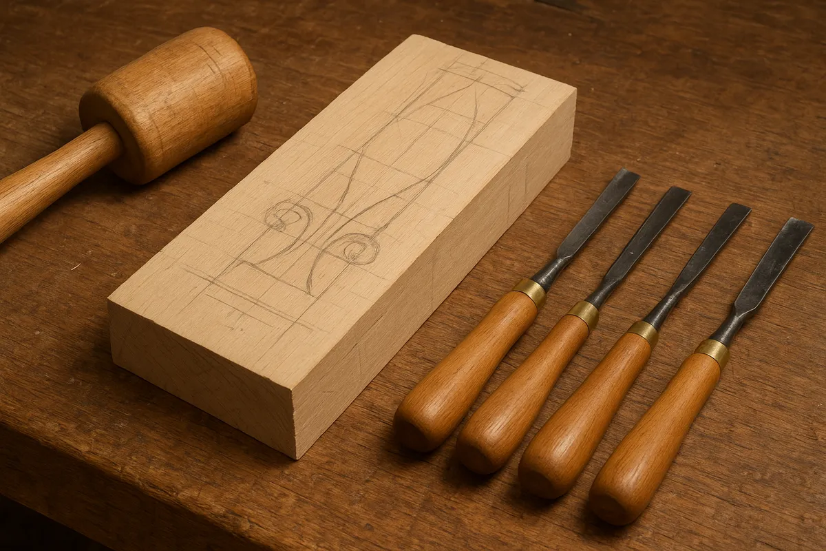 日本の伝統的な木彫り技法を示す、職人の手と様々な彫刻道具や完成作品。