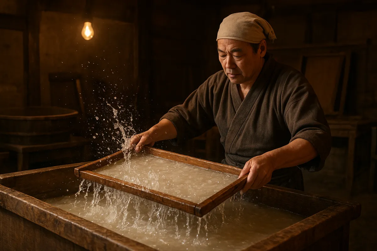 和紙の製作工程と伝統工芸の魅力を表現した、職人の手と素材を中心とした画像。