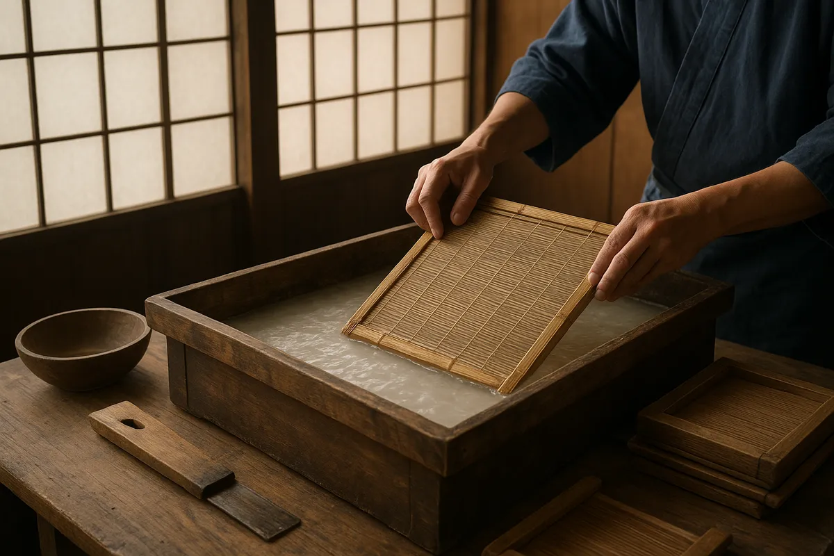和紙の歴史と伝統的な製造工程を示す複数の場面を収めた画像シリーズ