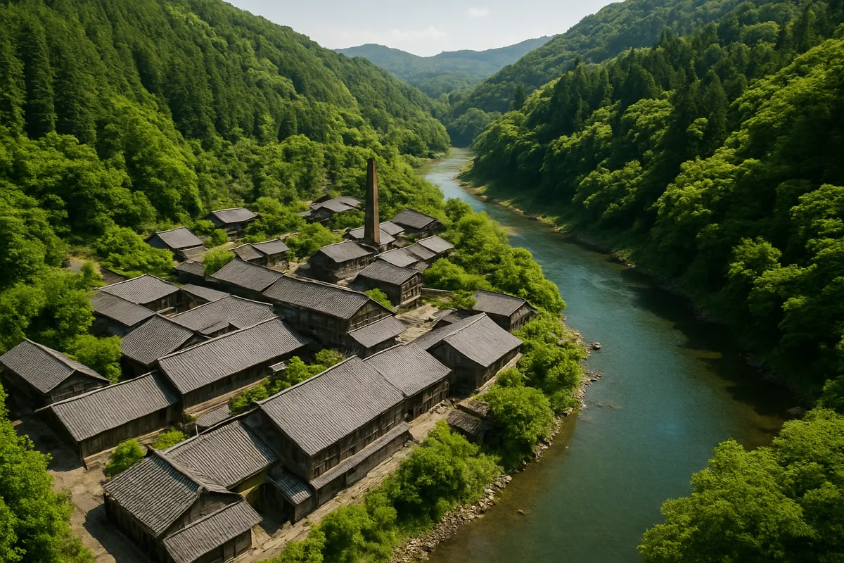 日本の伝統的な和紙製造の産地と製造工程を紹介する画像。