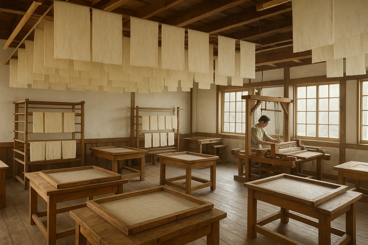 和紙の手漉き体験施設で、参加者が伝統的な道具を使って紙を作る風景
