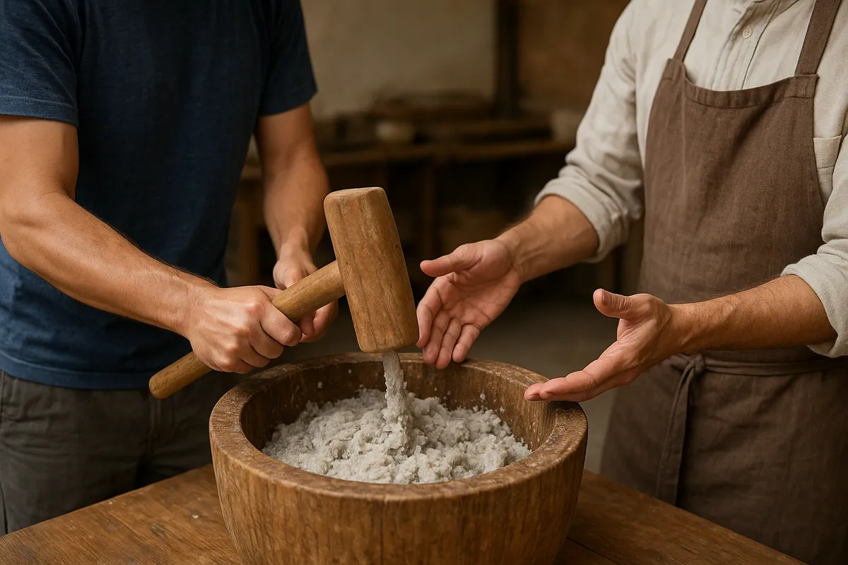 和紙の手漉き体験施設で、参加者が伝統的な道具を使って紙を作る風景