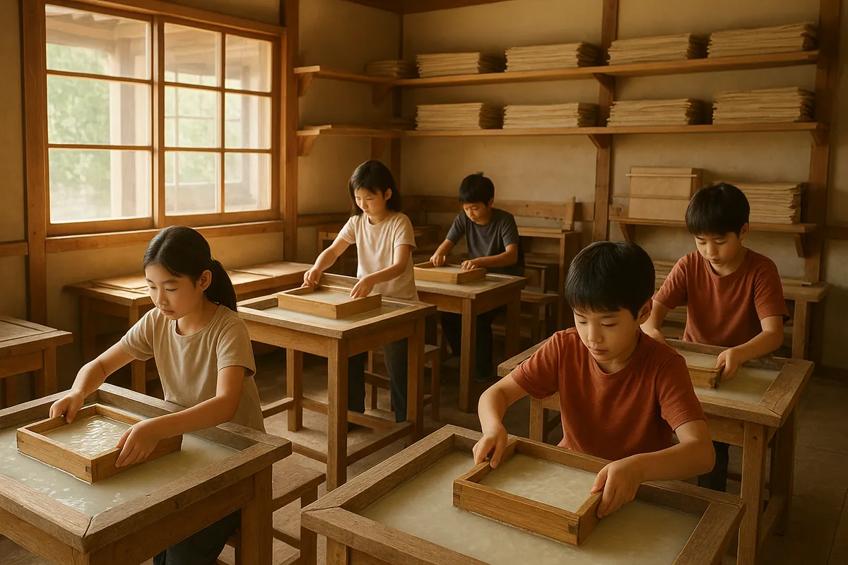 和紙の手漉き体験施設で、参加者が伝統的な道具を使って紙を作る風景