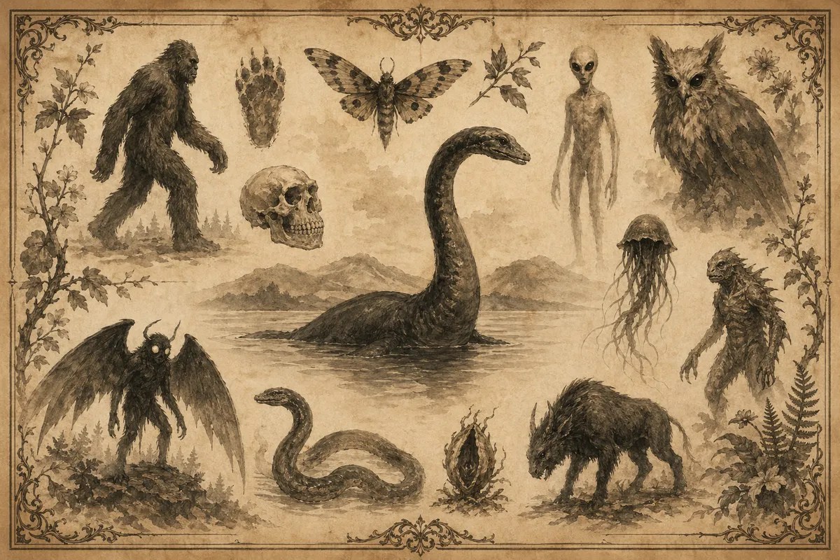 未確認生物や伝説の怪物を民俗学的に描いた図鑑スタイルのイラスト