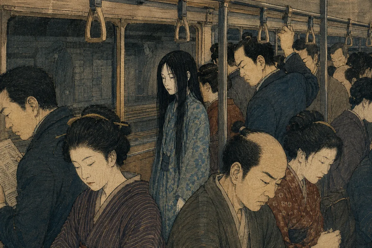 日本の都市伝説や怪談を表現した、幽玄で不気味な雰囲気の民俗学的イラストレーション。