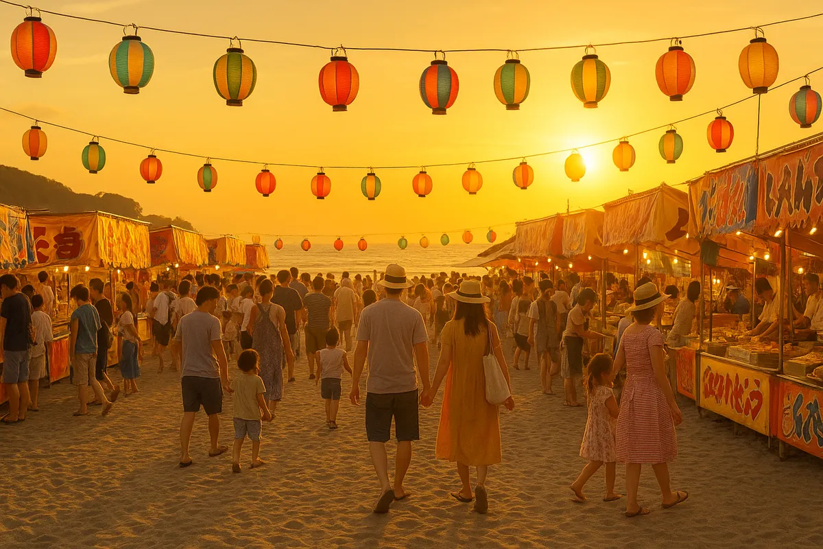 逗子の夏祭りやビーチイベントの活気ある雰囲気と地元家族の交流風景。